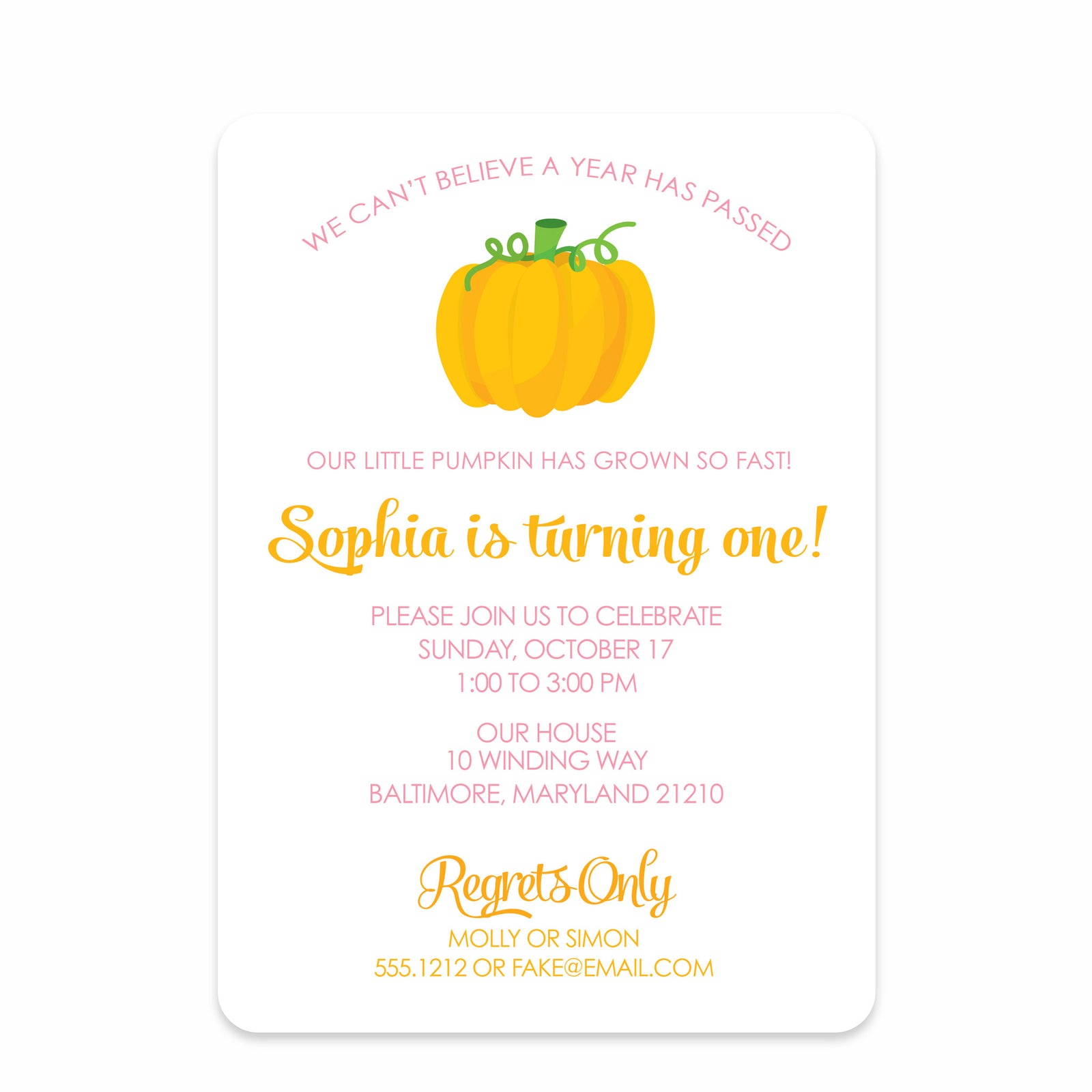 Pumpkin Party Birthday Invitation | Pipsy.com | Pink