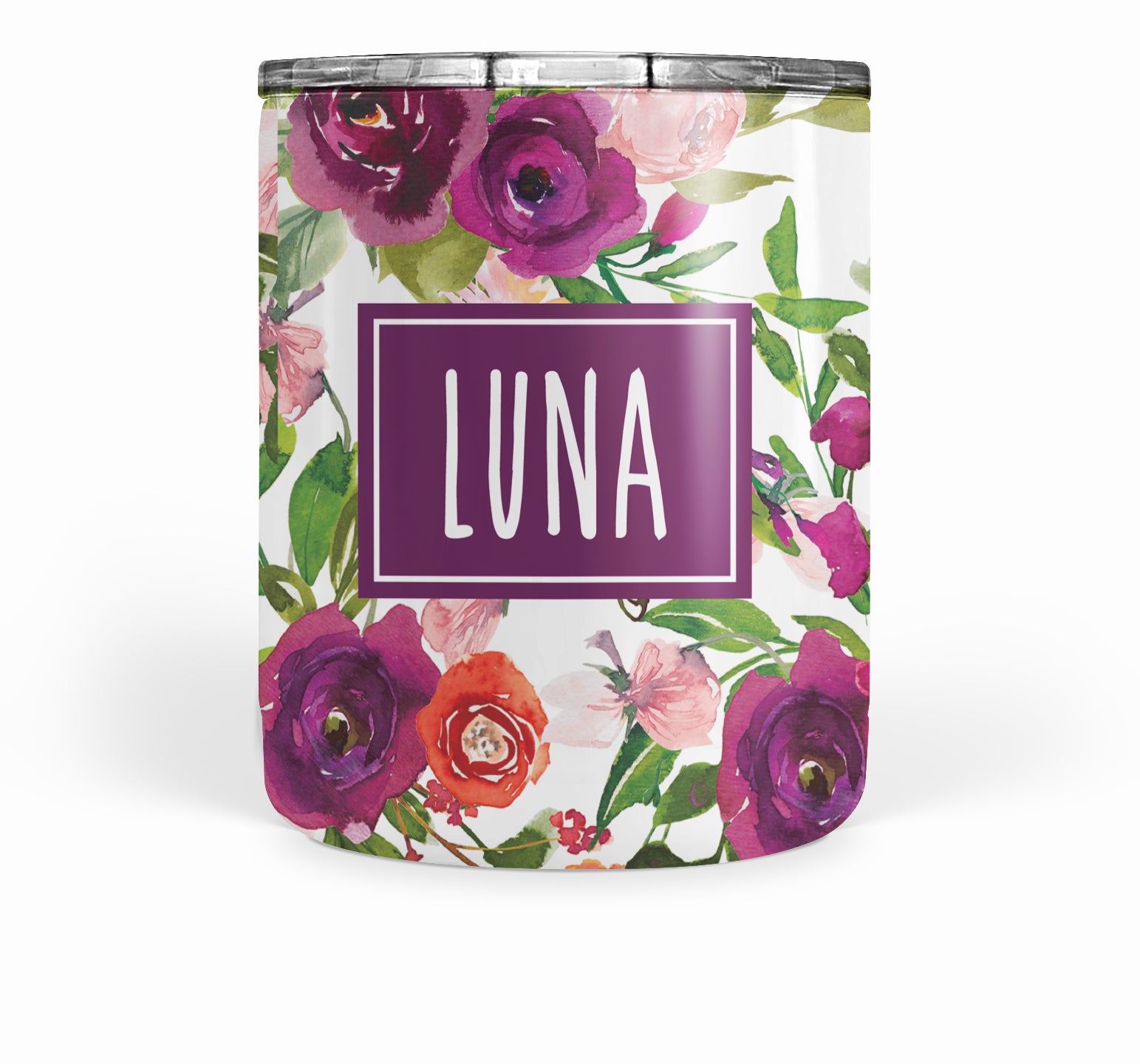 purple watercolor floral tumbler, double-walled, stainless steel, for coffee or wine, PIPSY.COM