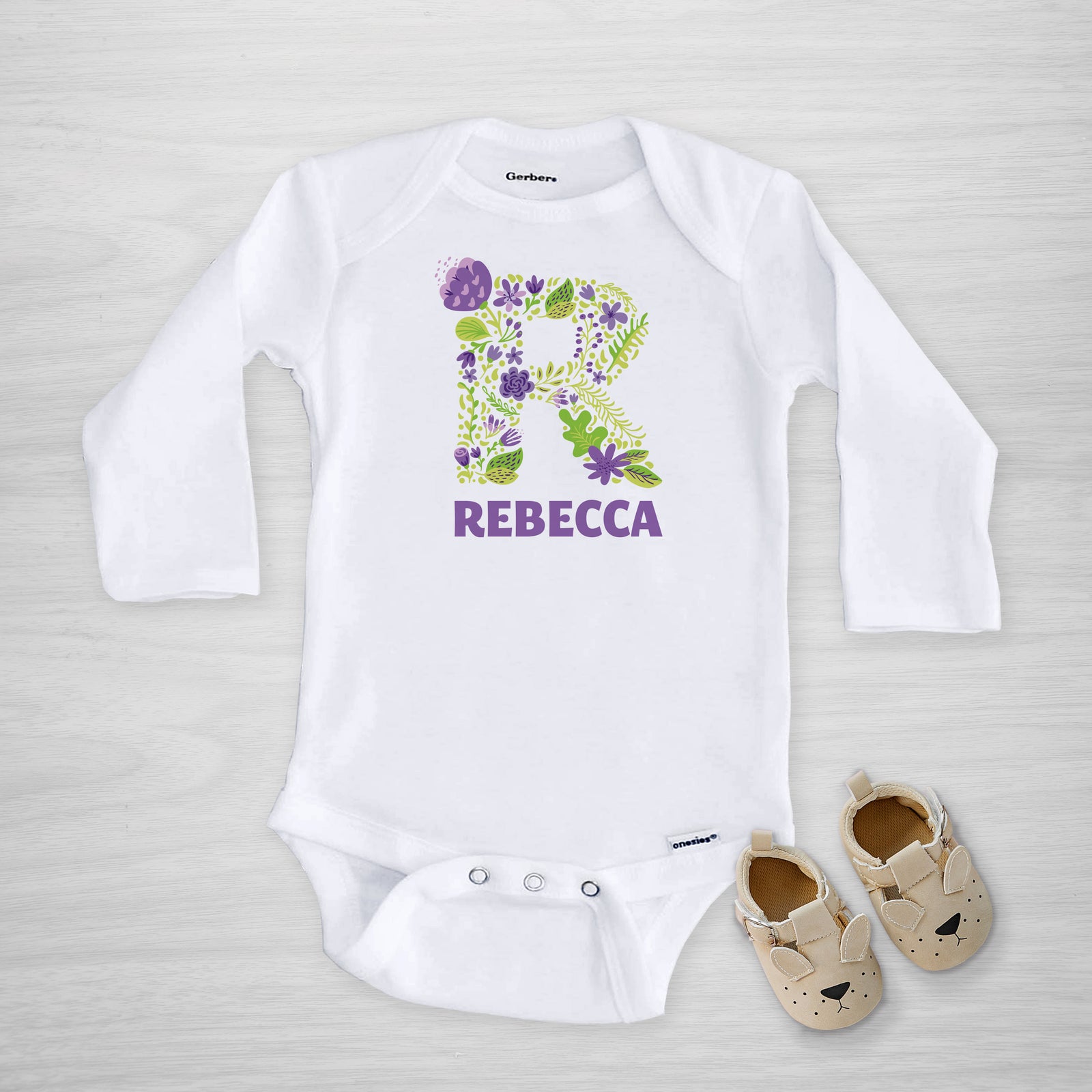 Purple Floral Initial Personalized Gerber Onesie, long sleeved