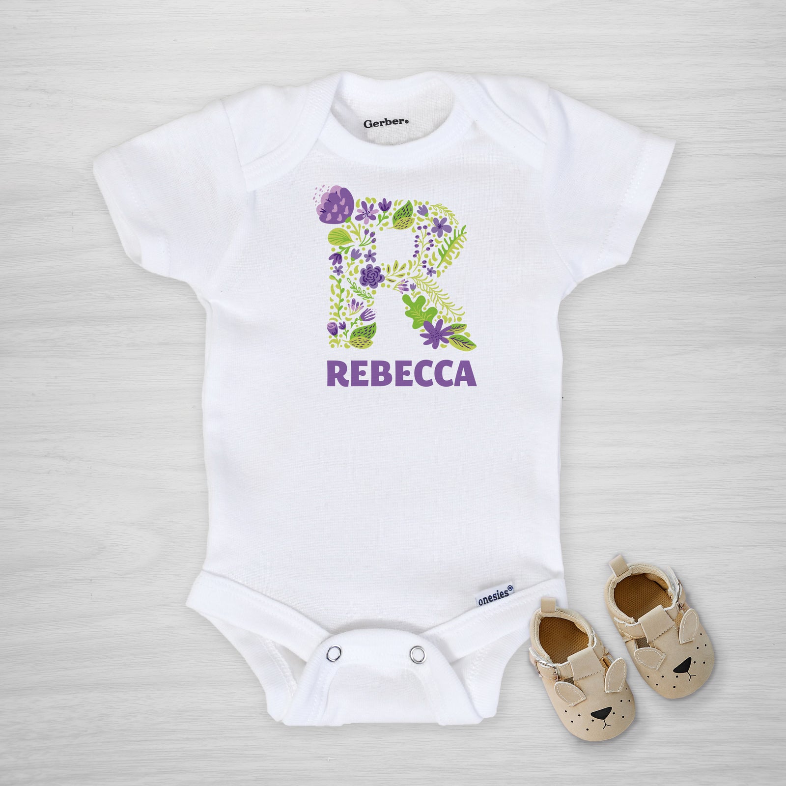 Purple Floral Initial Personalized Gerber Onesie, long sleeved