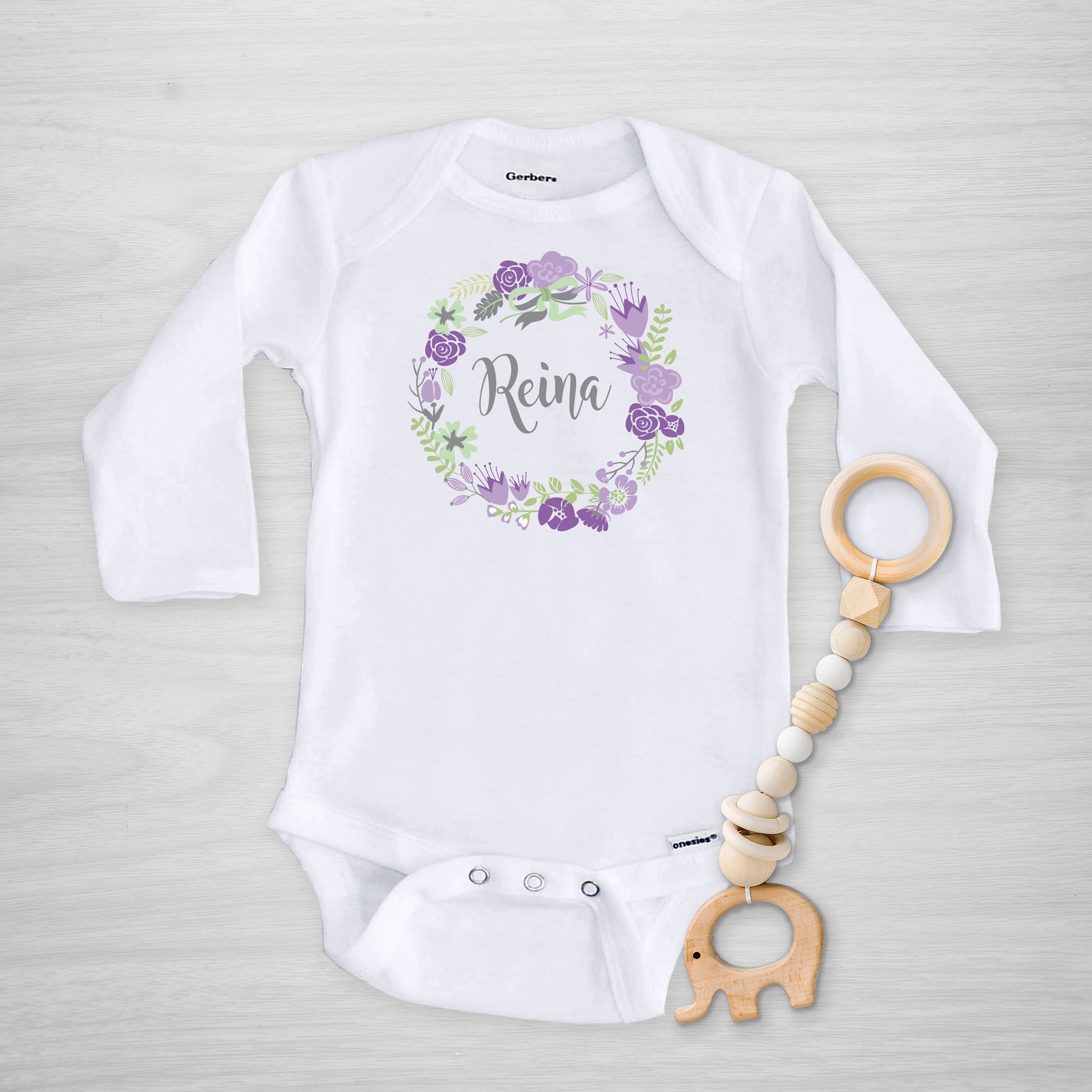 Purple Wreath Name Personalized Gerber Onesie, long sleeved