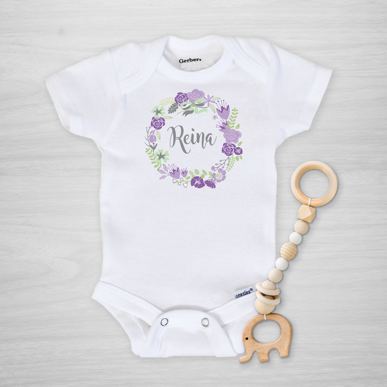 Purple Wreath Name Personalized Gerber Onesie, long sleeved