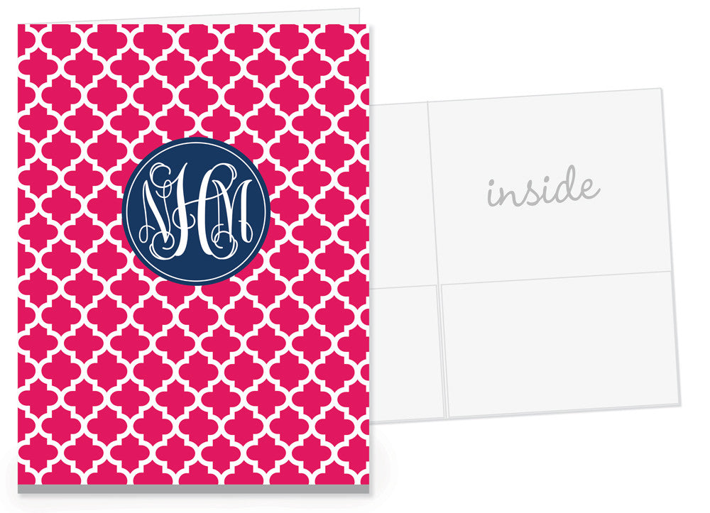 quatrefoils in raspberry with navy monogram medallion pocket folder
