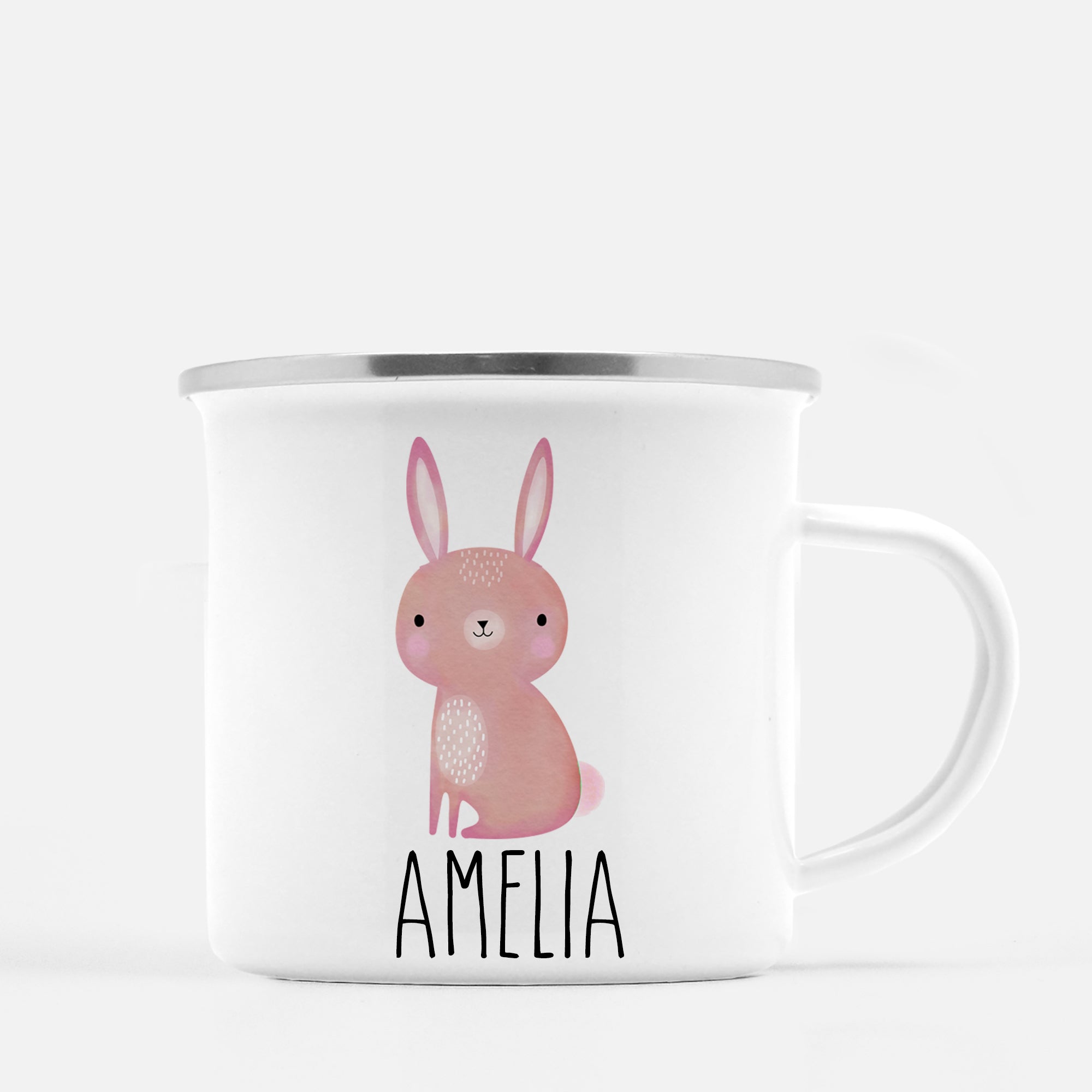 Pink Bunny Rabbit personalized camp mug, silver lip