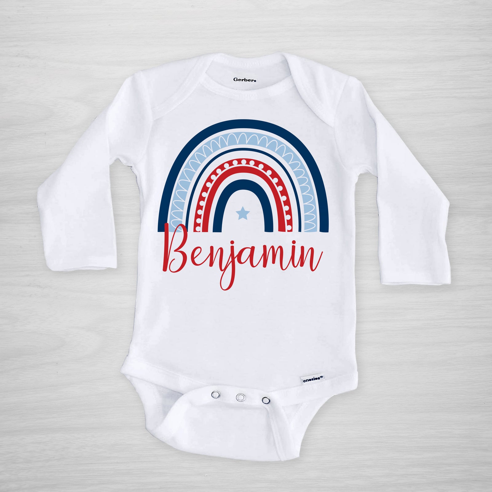 personalized 4th of july onesie with a modern rainbow in red, white and blue, short sleeved