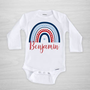 personalized 4th of july onesie with a modern rainbow in red, white and blue, long sleeved