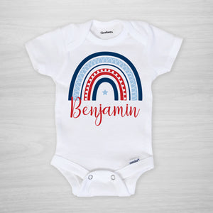 personalized 4th of july onesie with a modern rainbow in red, white and blue, short sleeved