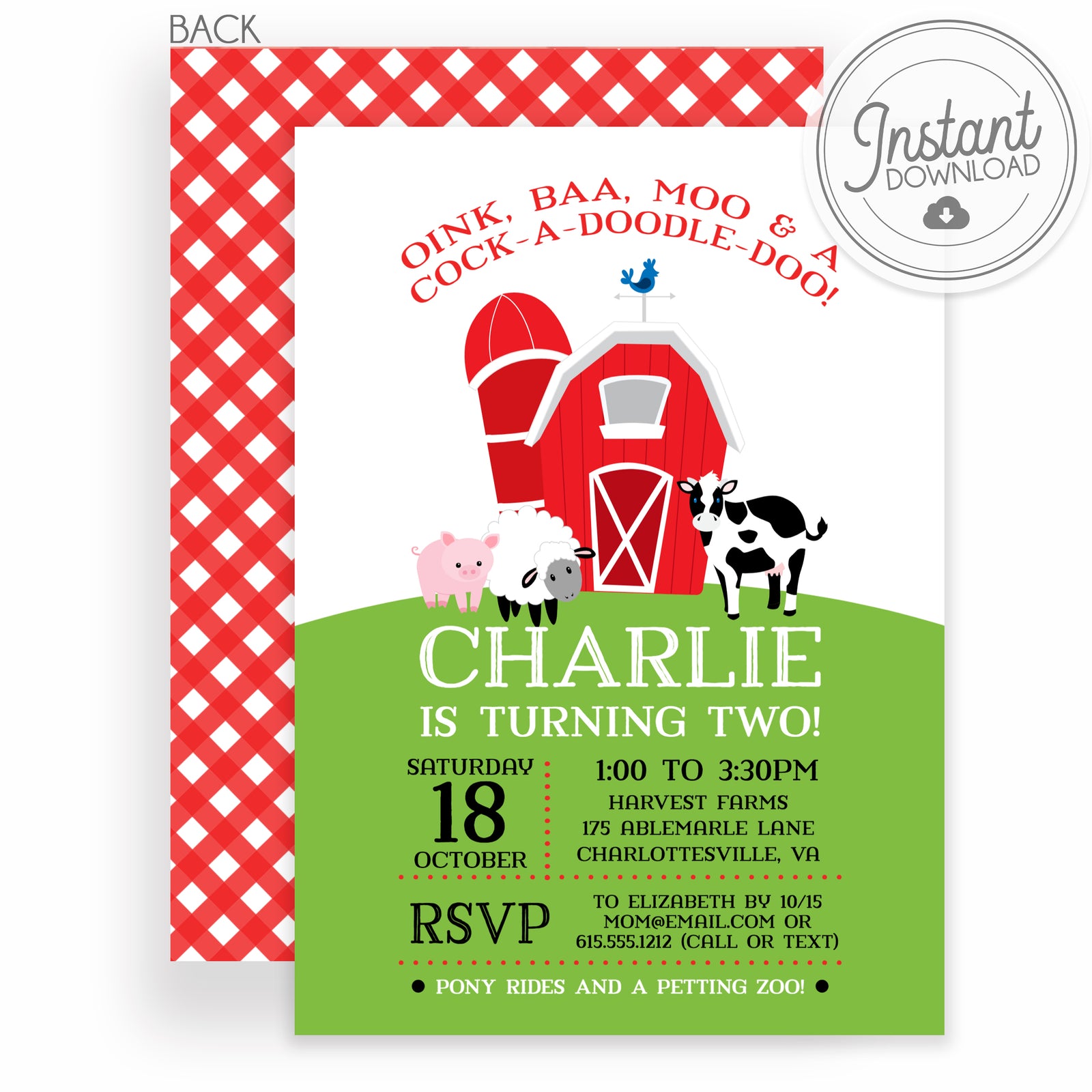 Red Barn Birthday Invitation with Gingham | DIY Instant Download Invitation |  Templett Invitation | PIPSY.COM