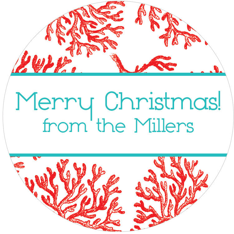 Red coral with peacock round gift stickers