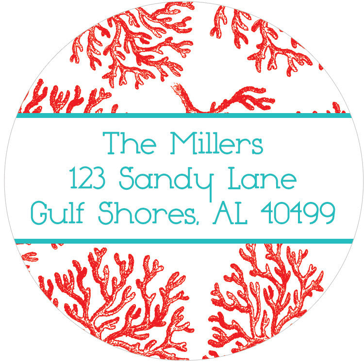 Red coral with peacock round return address stickers