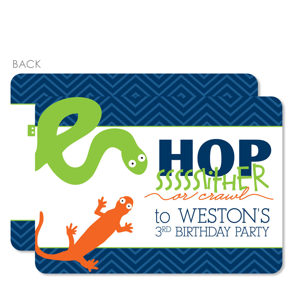 Reptile Birthday Invitation with lizards and snakes, printed on heavyweight cardstock | Pipsy.com