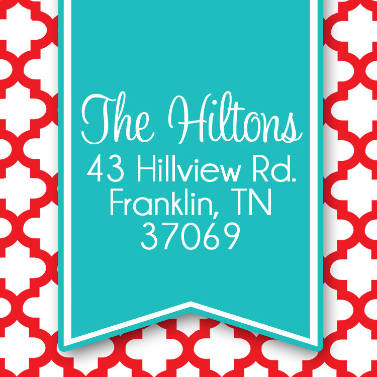 Quatrefoil aqua and red holiday return address sticker