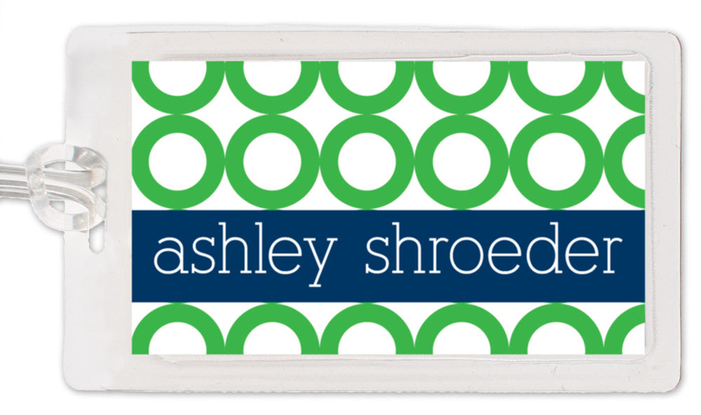 Rings bag tag in green with navy