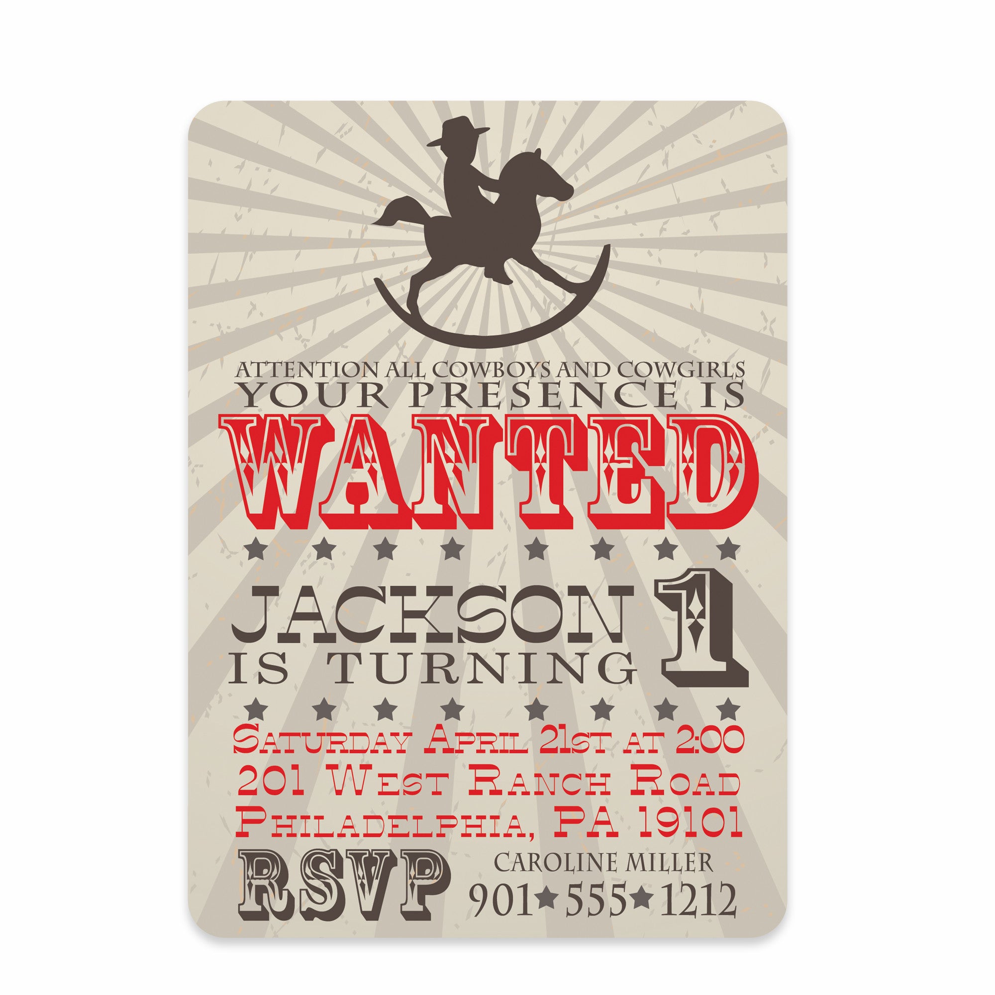 Rocking Horse Cowboy Birthday Invitation | Pipsy.com (front view)
