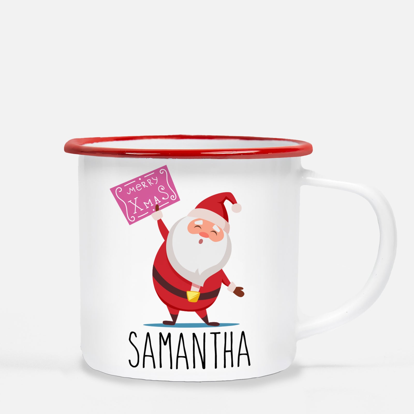 Christmas Camp Mug, santa claus with sign, Personalized, Pipsy.com, silver lip