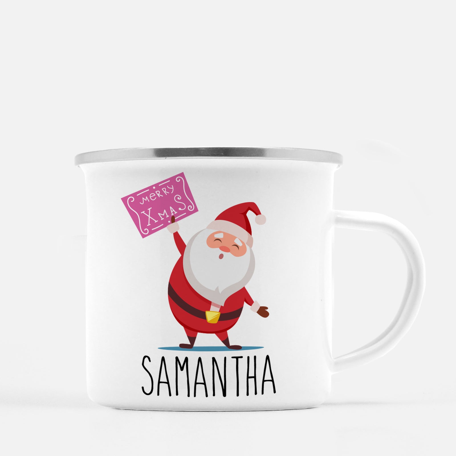 Christmas Camp Mug, santa claus with sign, Personalized, Pipsy.com, silver lip