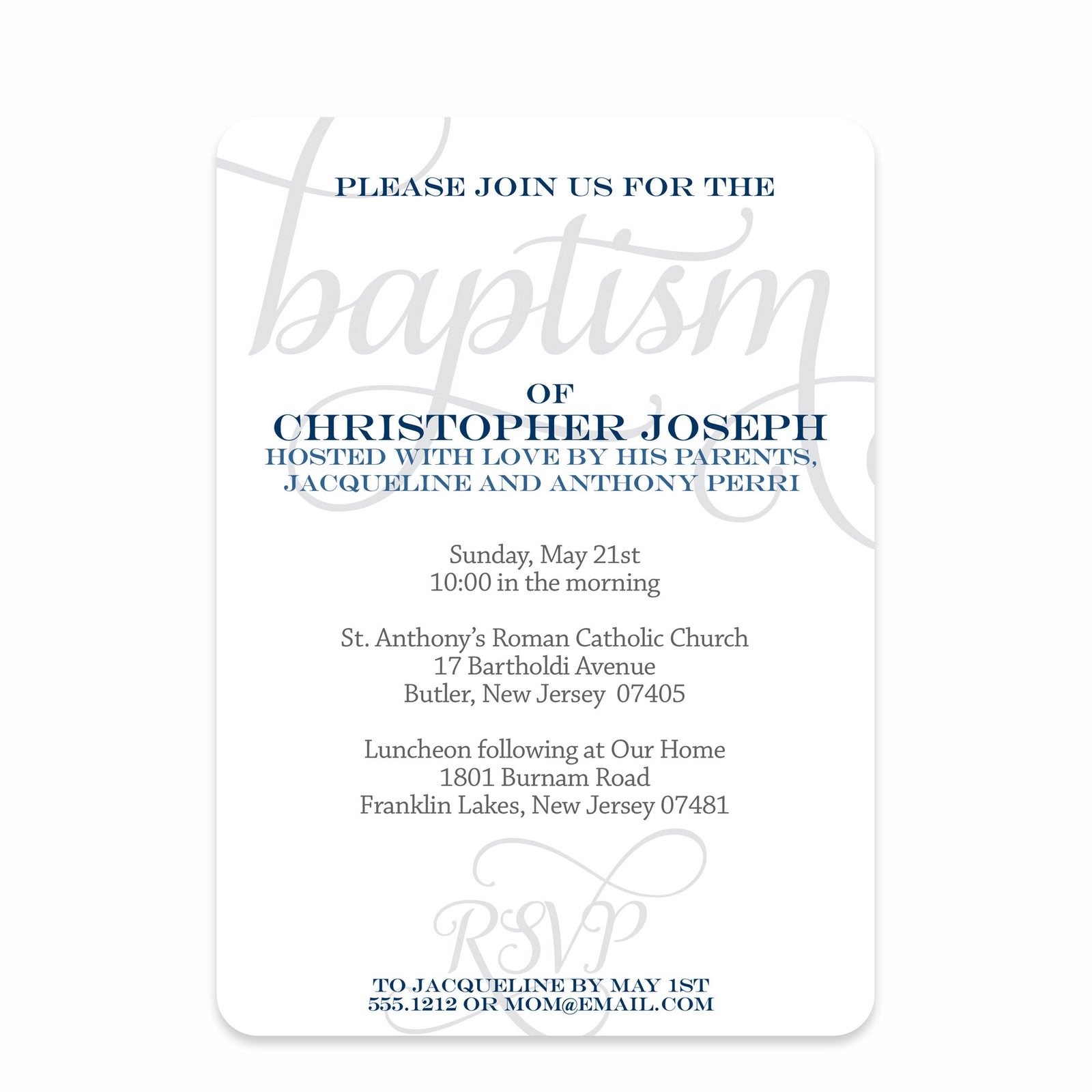 Script Navy Baptism/Christening Invitation