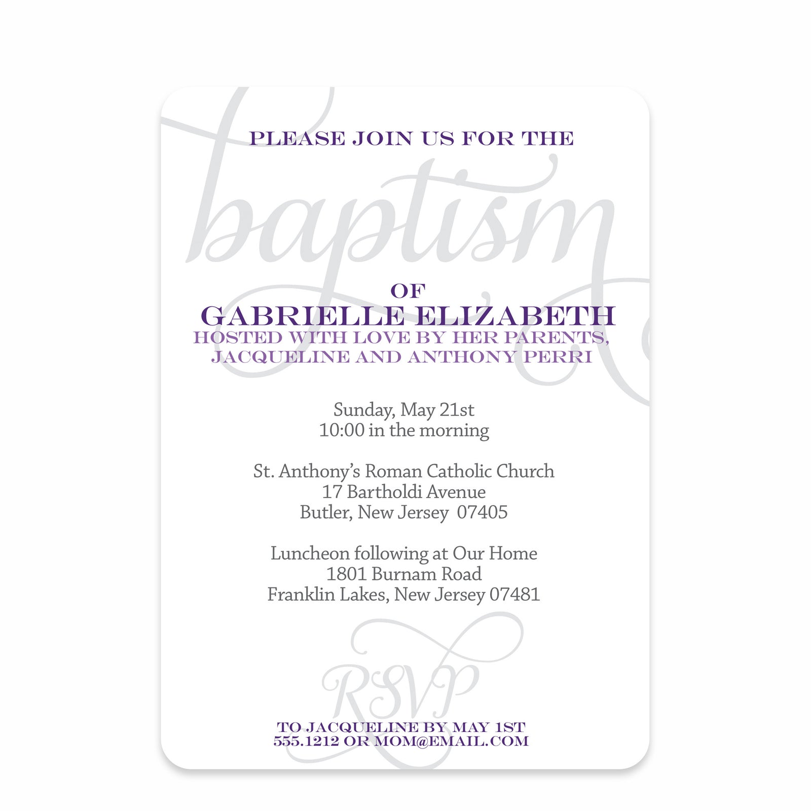 Script Purple Baptism/Christening Invitation