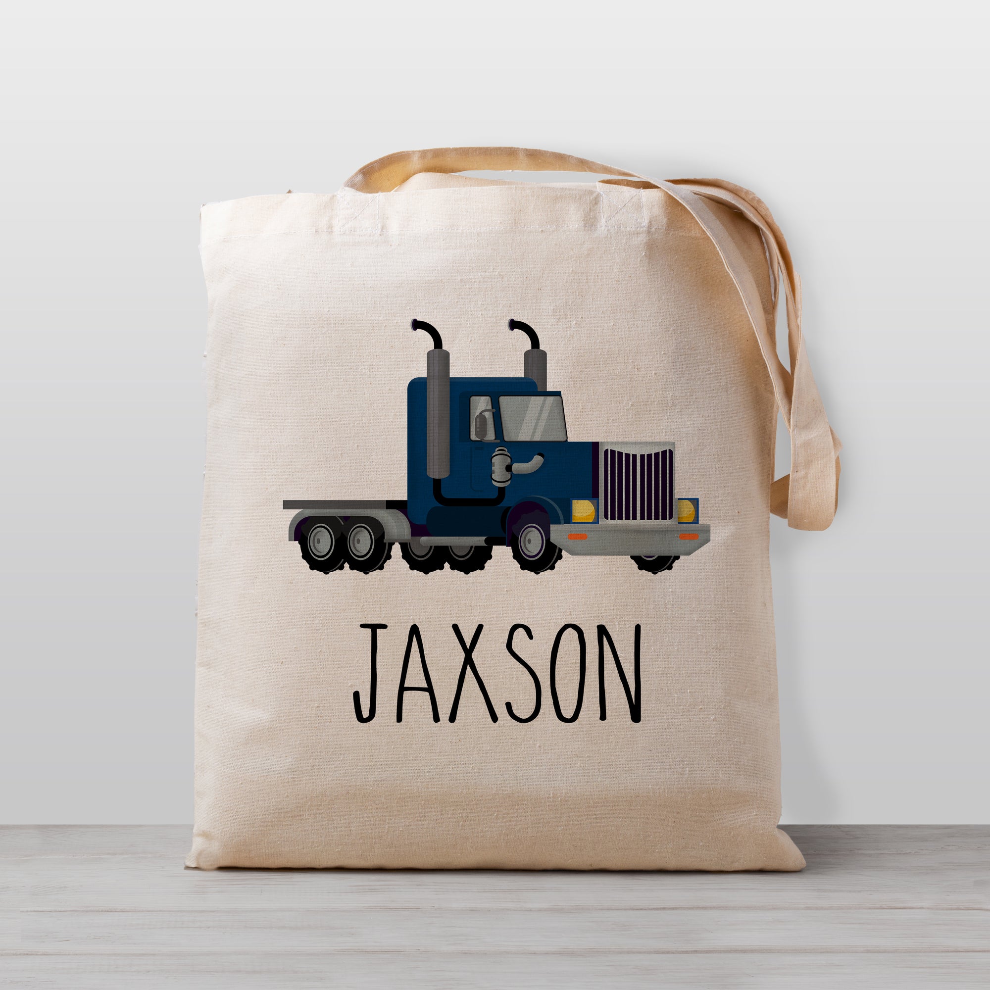 Semi-truck tote bag personalized with your child's name, made of 100% natural cotton canvas, perfect for daycare or preschool