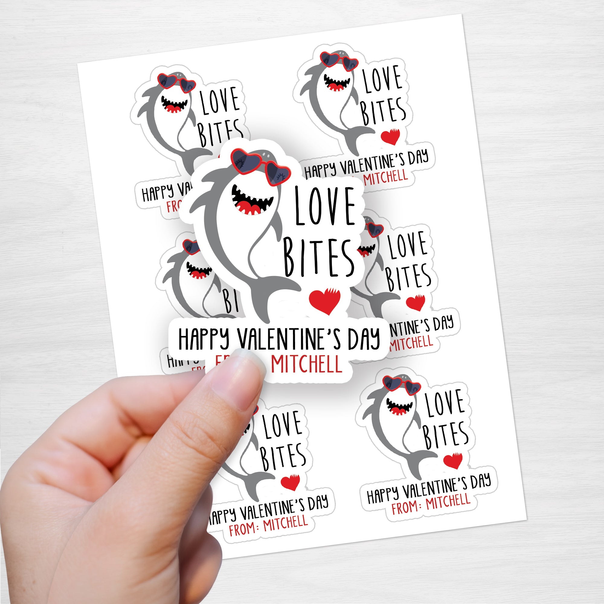 Die Cut Personalized Valentine's Day Stickers with a Shark and "Love Bites"