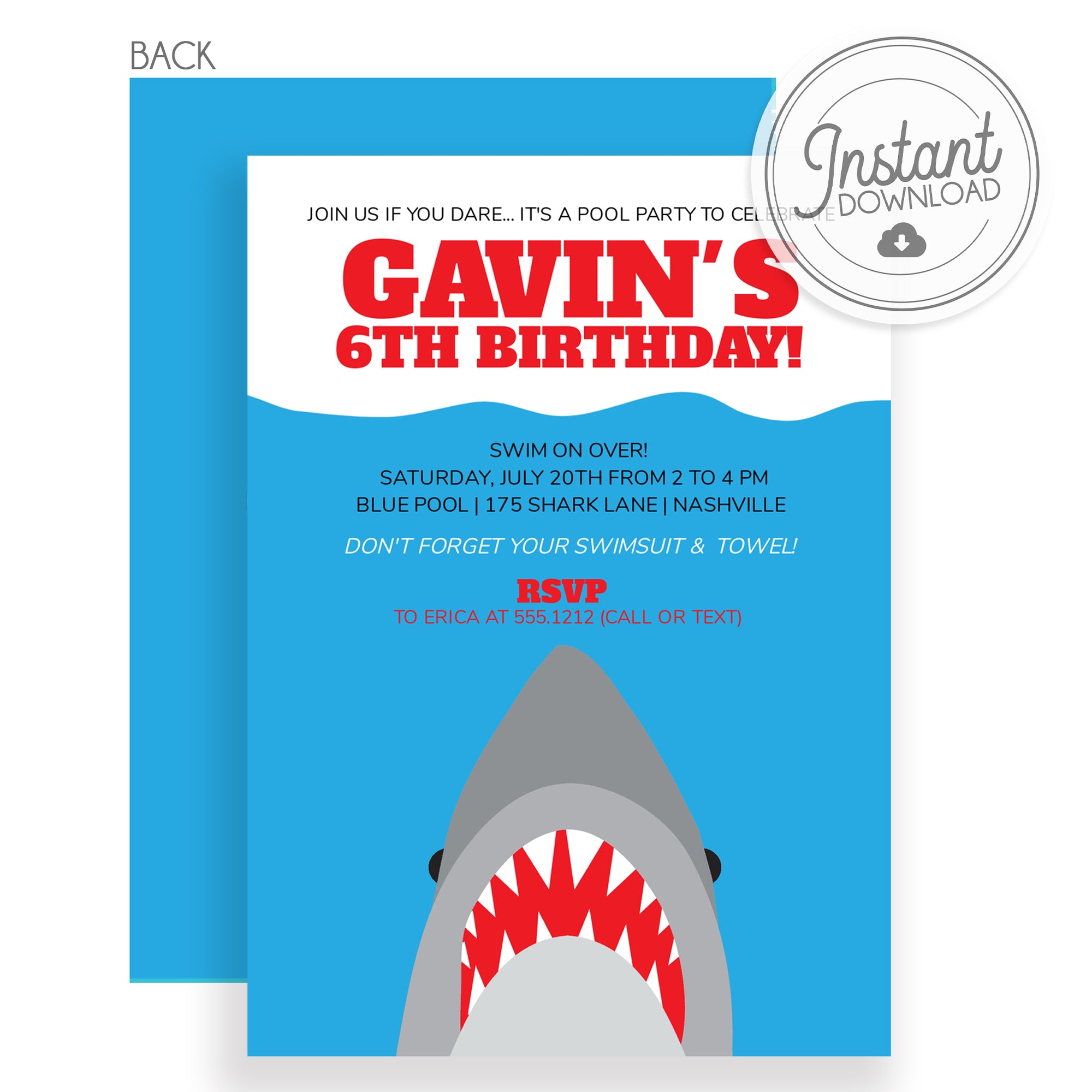 Shark Birthday Invitation | Instant Download | Templett Invitation | Pipsy.com