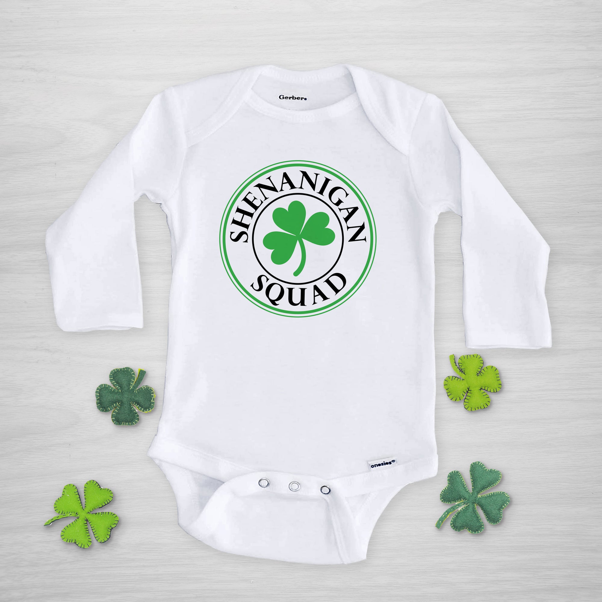 Shenanigan Squad Gerber Onesie® with shamrock, long sleeved, for St. Patrick's Day