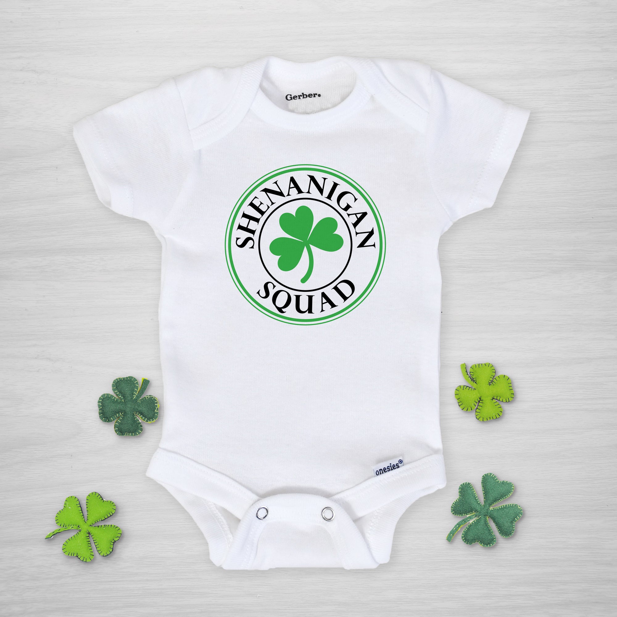 Shenanigan Squad Gerber Onesie® with shamrock, long sleeved, for St. Patrick's Day
