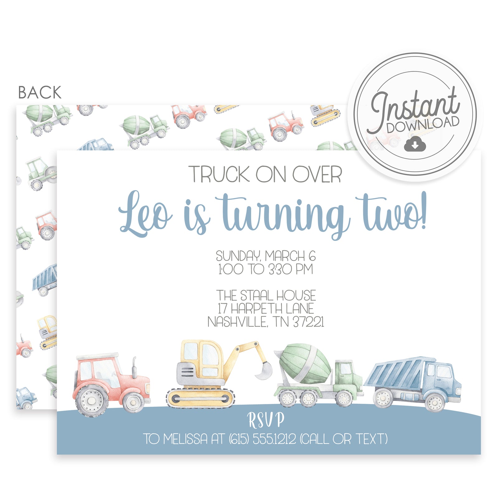 Boy Truck Birthday Invitation, Watercolor trucks, DIY Templett