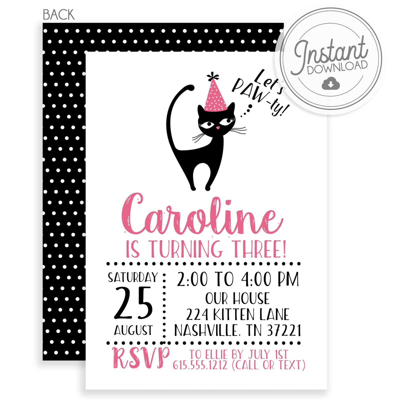 Cat Birthday Invitation, Instant Download editable on your computer