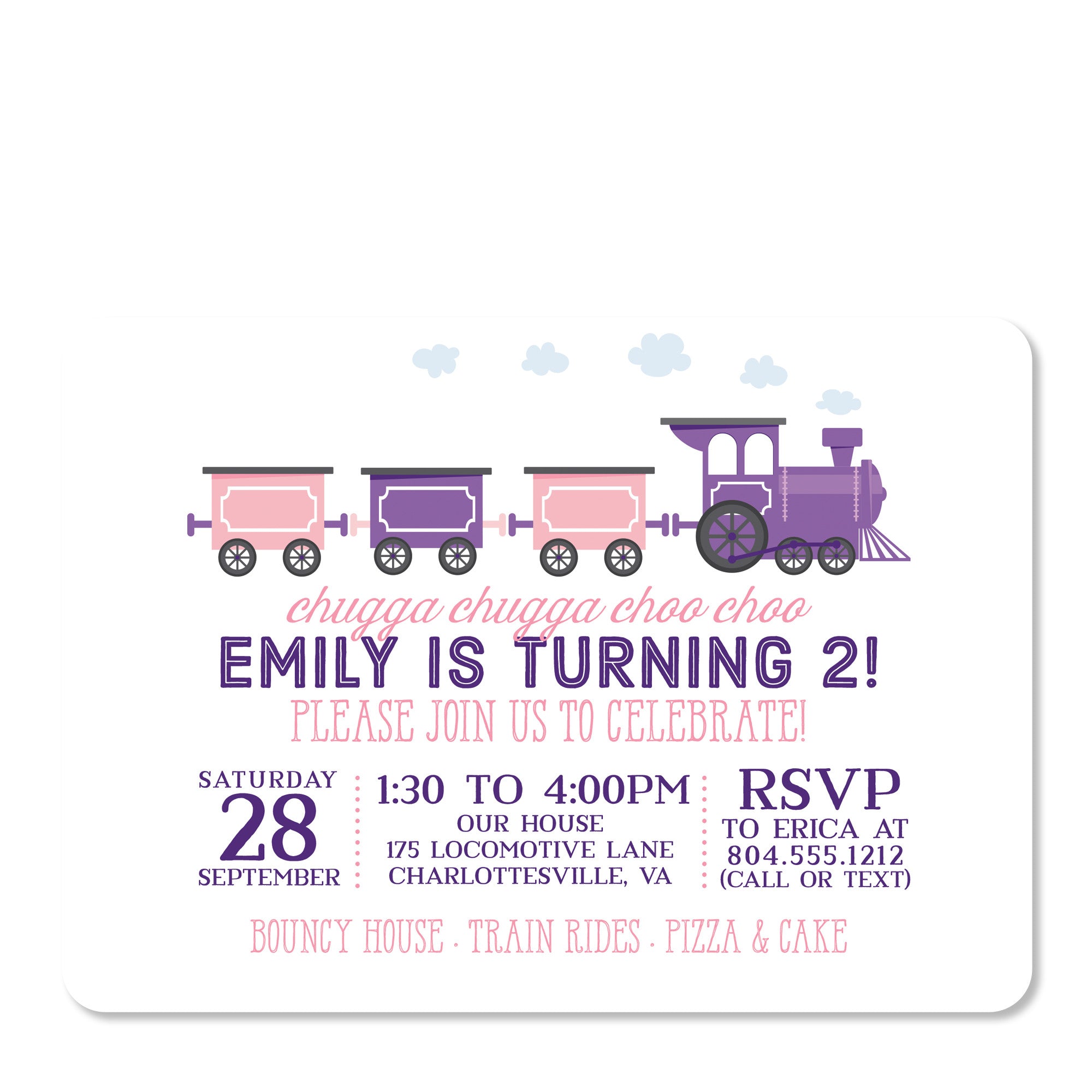 Train birthday party invitation, pink and purple | Pipsy.com (front view)
