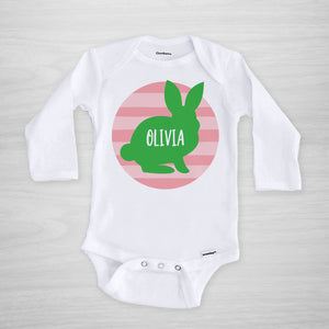 Personalized Easter Onesie, featuring a bunny silhouette on a pink striped circle, long sleeved