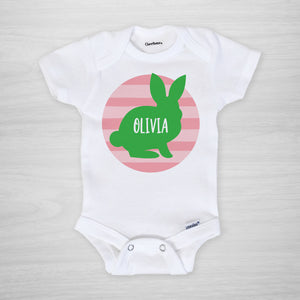 Personalized Easter Onesie, featuring a bunny silhouette on a pink striped circle, short sleeved