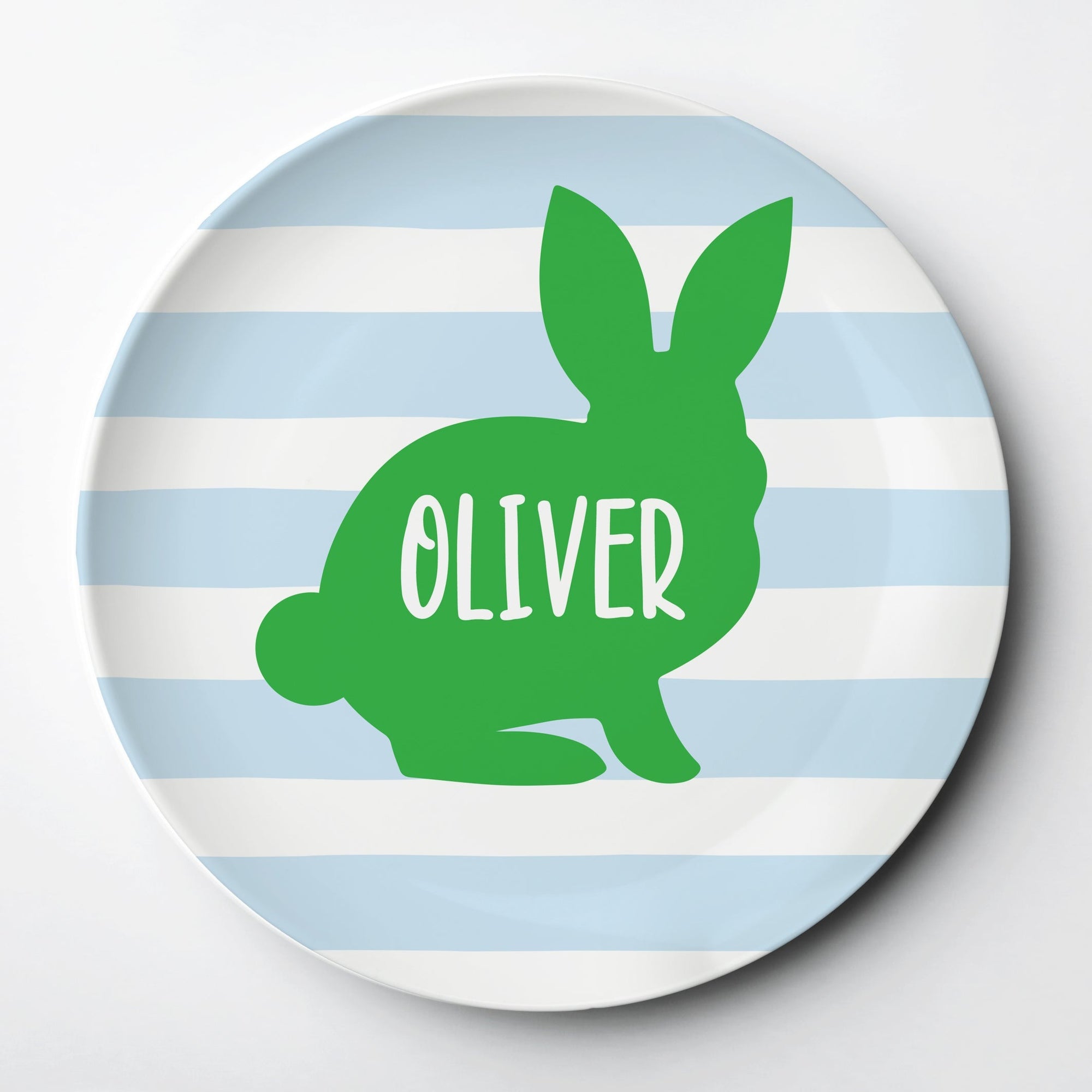 Personalized Easter Plate for Kids, reusable, microwave, dishwasher and oven safe, will last for years, green easter bunny with blue stripes