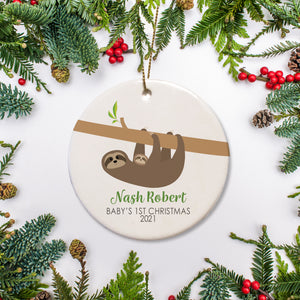 Sloth Ceramic Baby's first Christmas Personalized Ornament | Pipsy.com