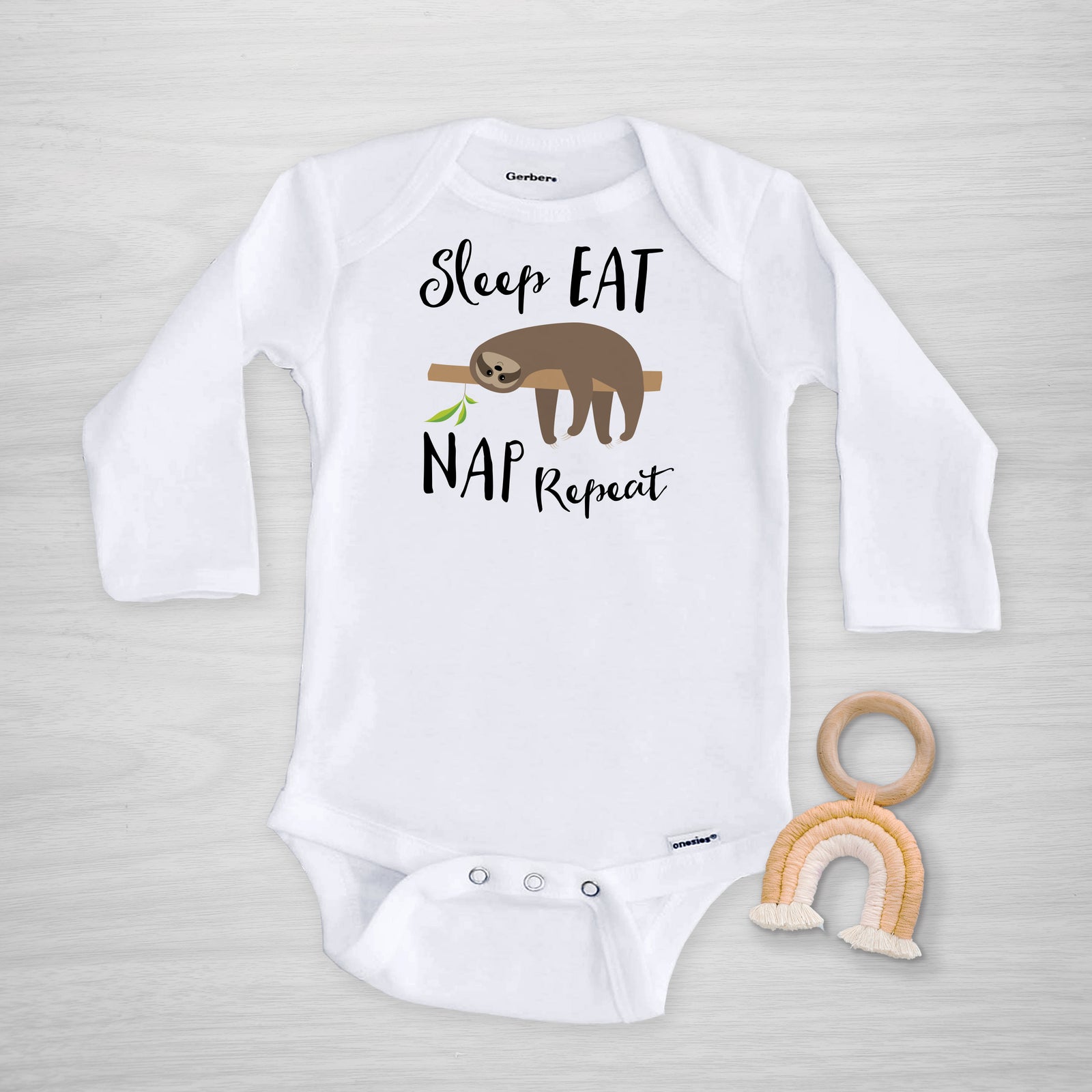 sloth long sleeved gerber onesie®, sleep eat nap repeat
