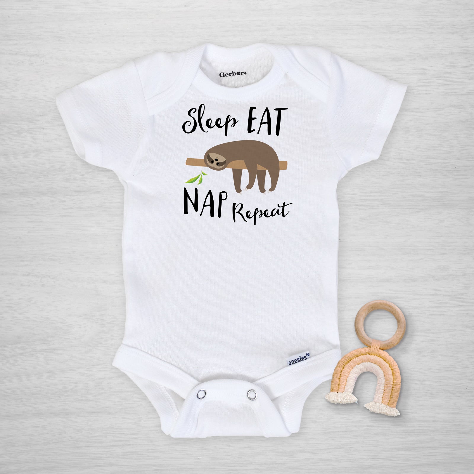 sloth long sleeved gerber onesie®, sleep eat nap repeat