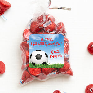Soccer Ball | I get a KICK out of you | Valentine Stickers | 2.5" Square Valentine's Day Sticker for candy bag | Classroom Party | Personalized stickers | PIPSY.COM