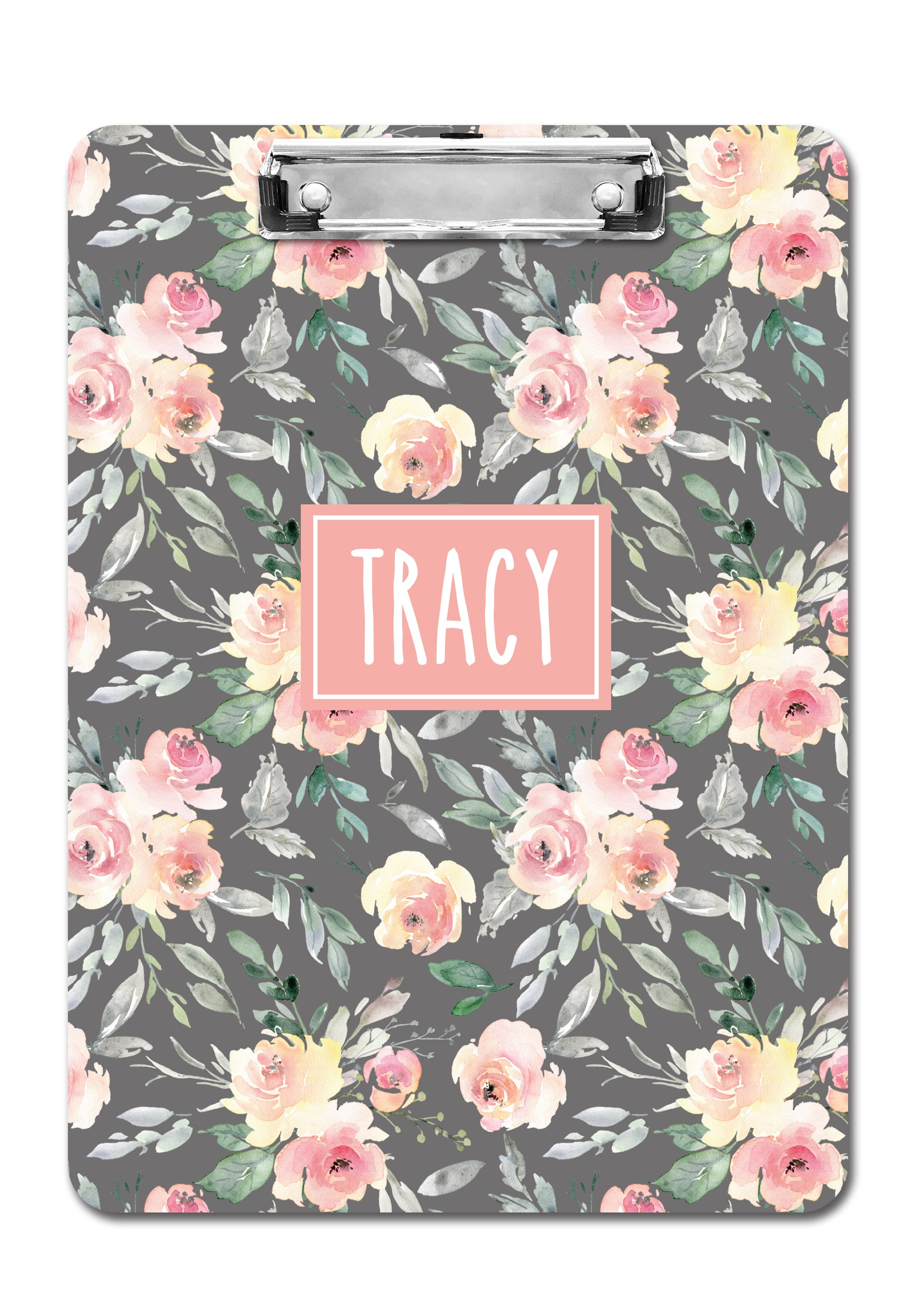 Personalized clipboard, Soft Peach and Gray Floral, PIPSY.COM