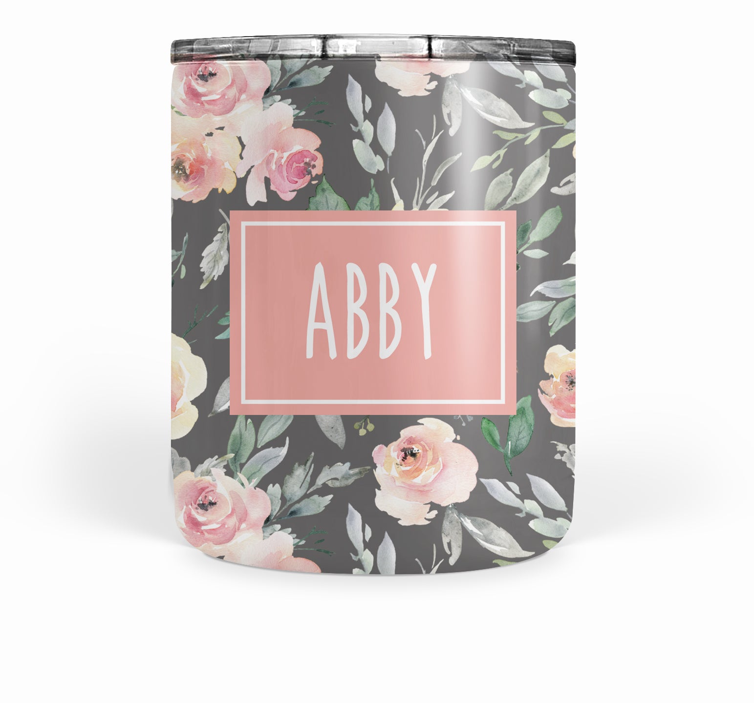 Soft Peach and Gray Floral Double Walled Stainless Tumbler (short)