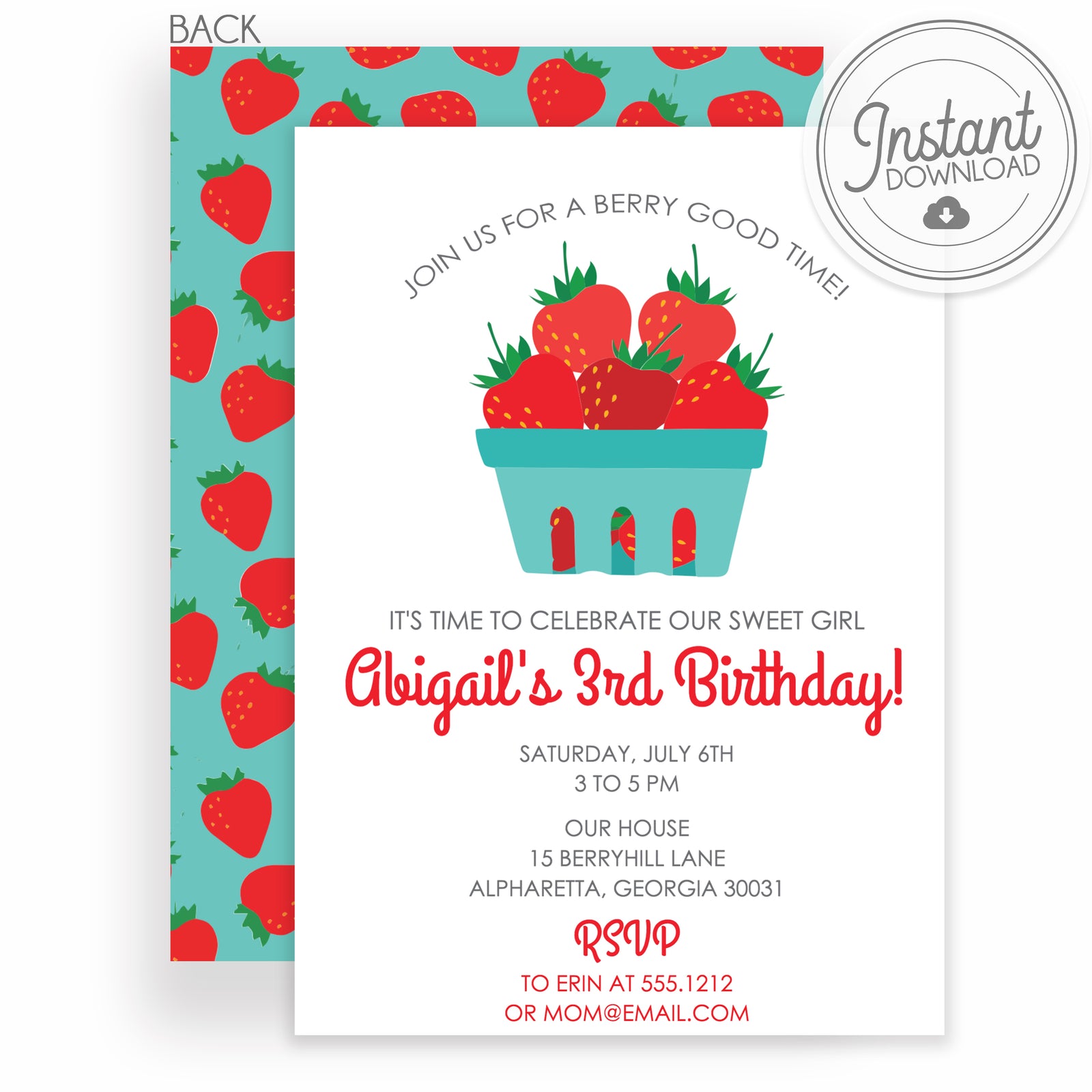 Strawberry Girl Birthday Invitation | Instant Download DIY Editable | Templett Invitation | PIPSY.COM