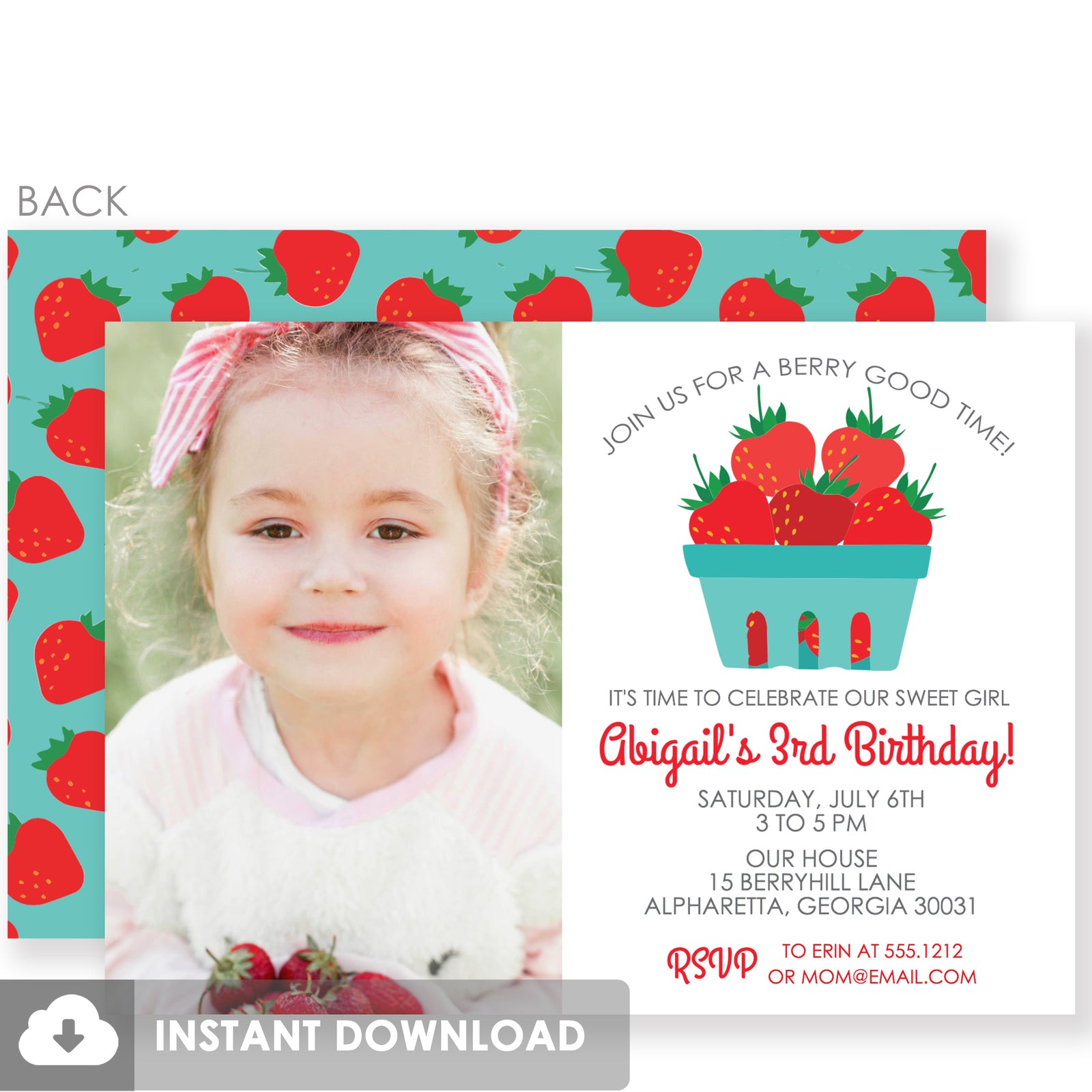 Strawberry Girl Photo Birthday Invitation | DIY Templett Invitation Instant Download | PIPSY.COM
