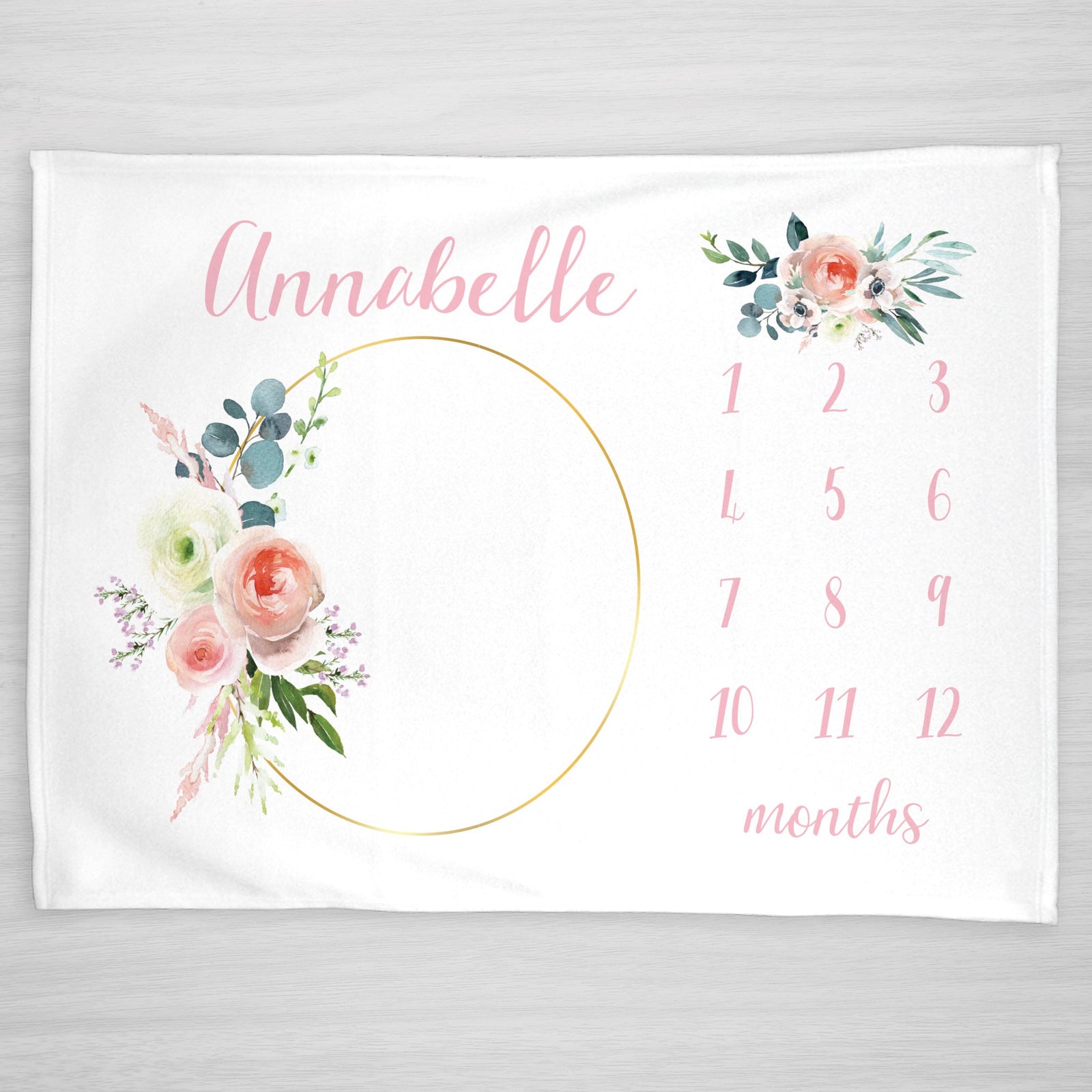 Girl Floral Baby Milestone Month Blanket, Summer Blossom Bouquet of roses, Pink details, Pipsy.com