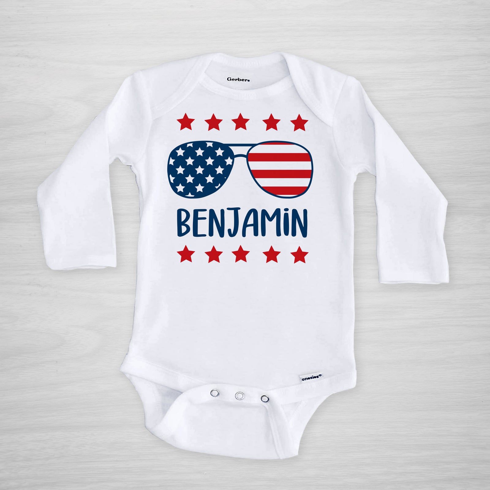 4th of July Personalized Onesie, American Flat Aviator Sunglasses, Merica, short sleeved