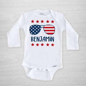 4th of July Personalized Onesie with US Flag Aviator Sunglasses, long sleeved