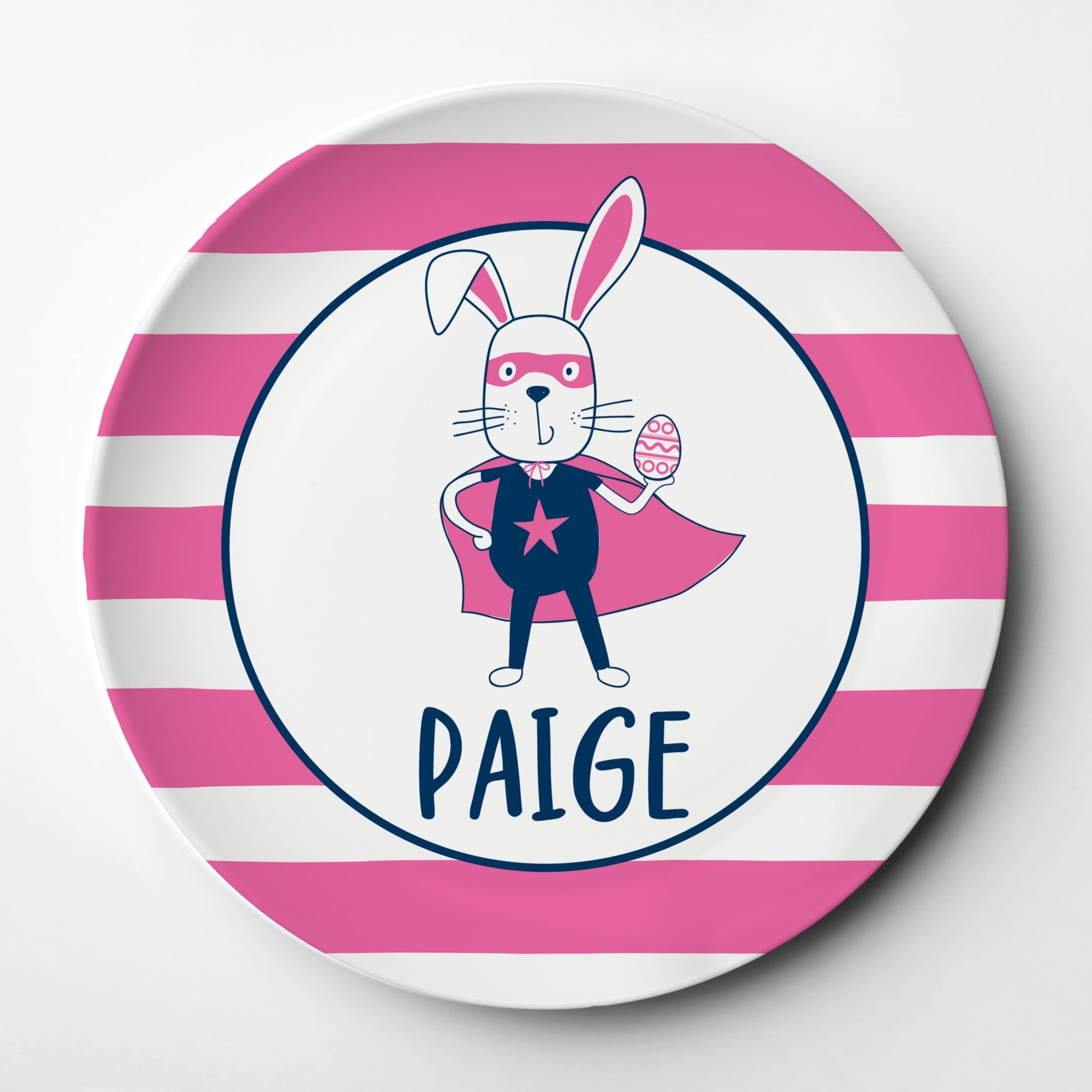 Superhero Easter Bunny Plate in hot pink and navy, personalized with your little one's name, Reusable thick plastic plate will last for years!