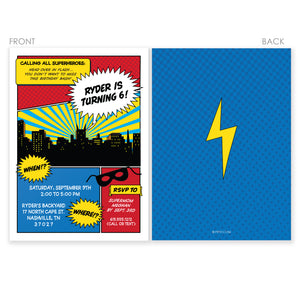 Superhero Birthday invitation in classic comic book style. Two sided printing on heavyweight cardstock