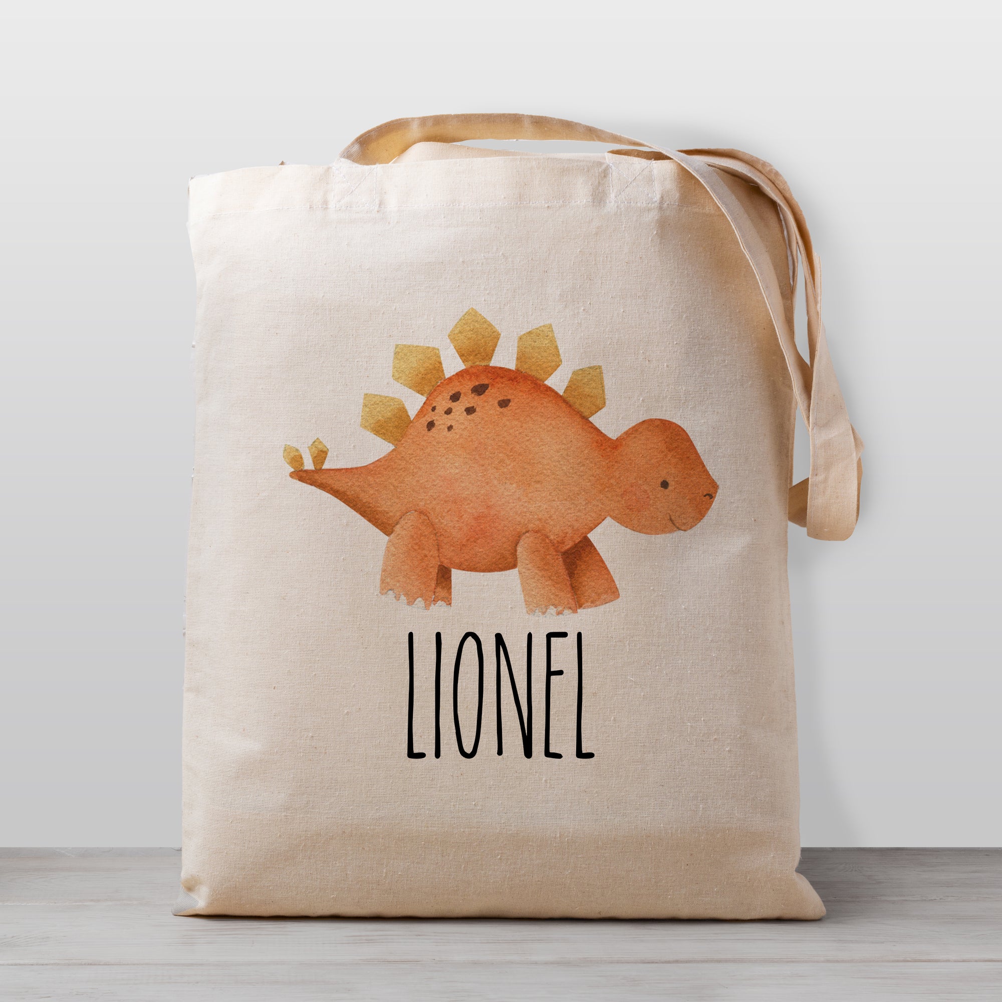 Kids Personalized dinosaur tote bag with a stegosaurus, 100% natural cotton canvas
