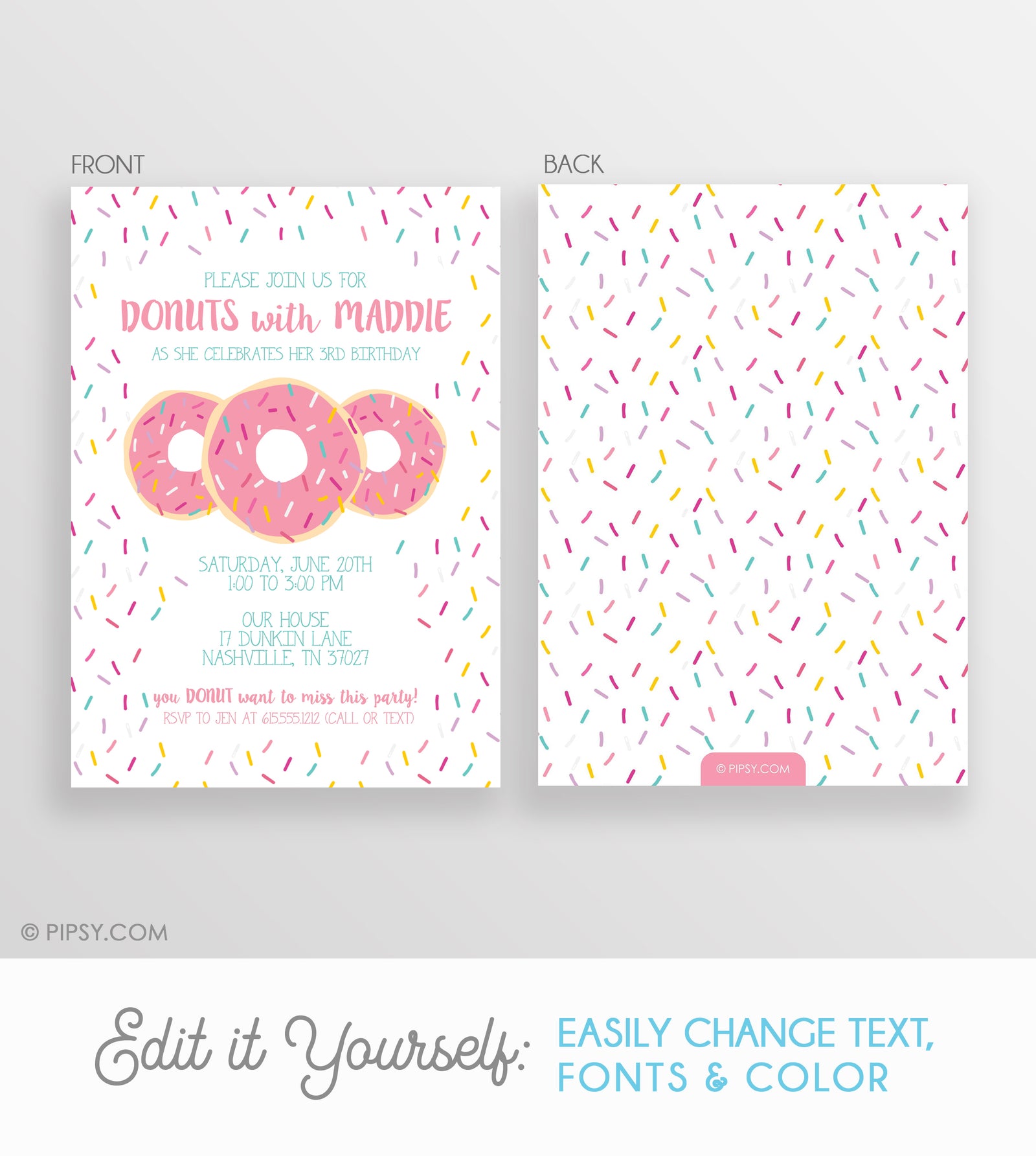 Pink Donut with Sprinkles Birthday Invitation, DIY Editable Instant Download, Templett, PIPSY.COM