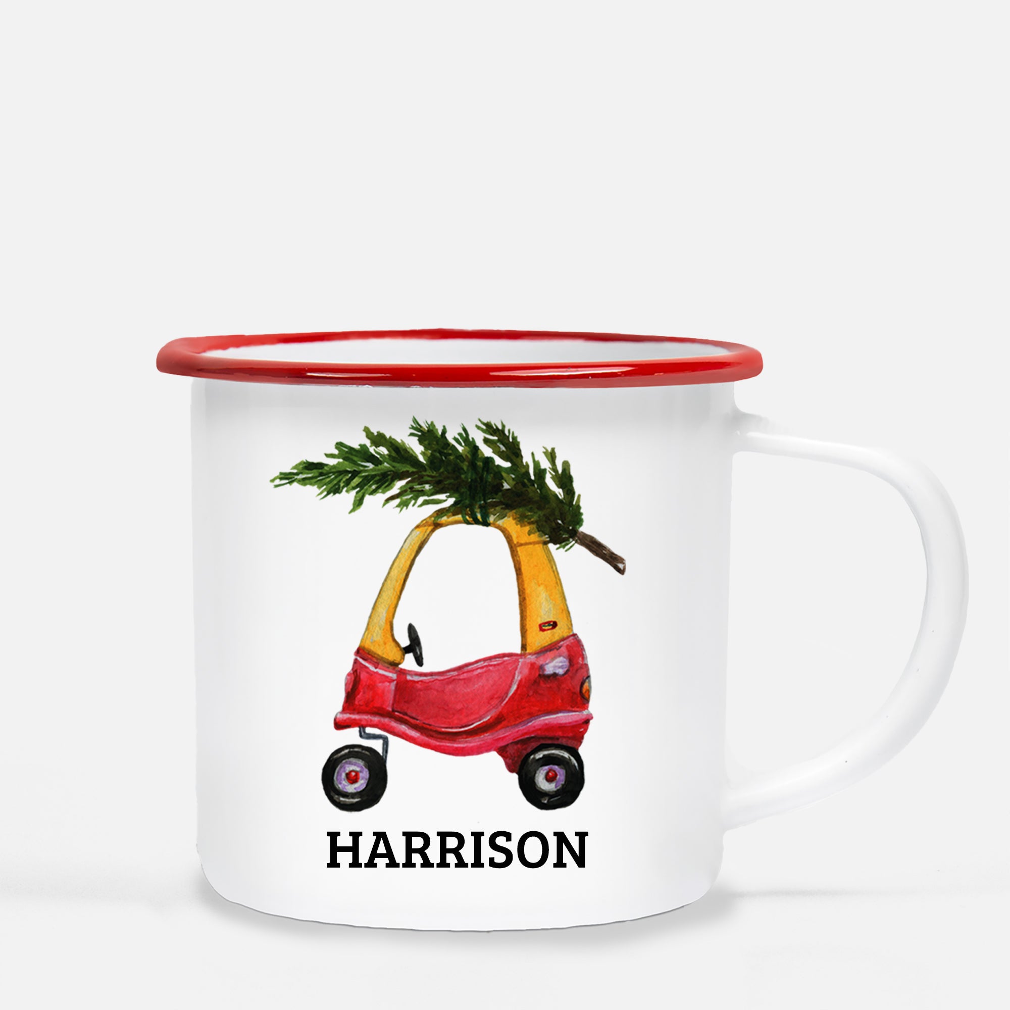 Personalized Camp Mug featuring a toy car with a Christmas Tree, PIPSY.COM