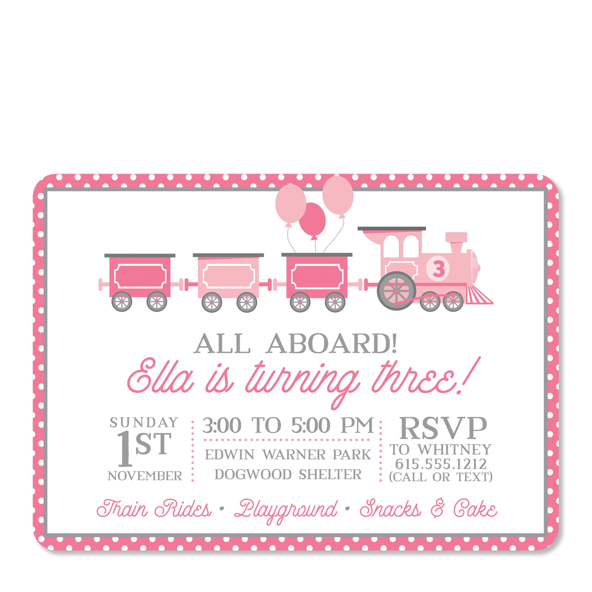 Pink Train Birthday Invitation | Pipsy.com | Front